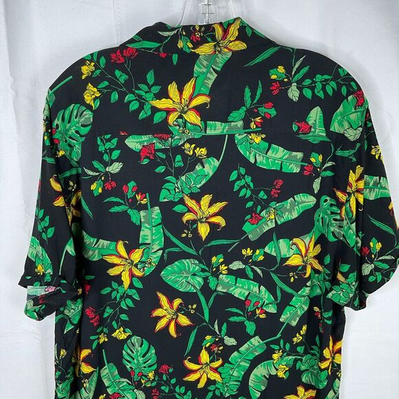 Good Vibes Men's XL Hawaiian Shirt Short Sleeve Button-Up Black Green Floral VTG - Picture 8 of 8